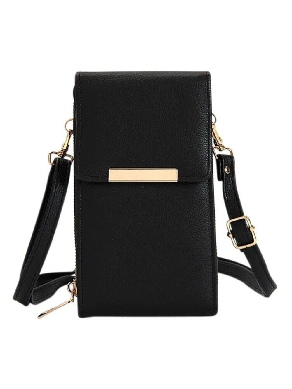 BLACK LEATHER PHONE CROSSBODY BAG DOUBLE COMPARTMENT DONNA & BECKY ELEGANT DAISY